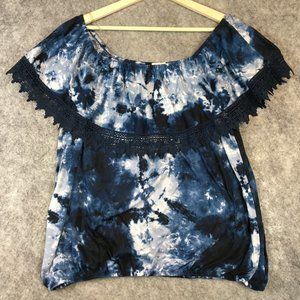 Paper + Tee Top 2X Off Shoulder Tiered Lace Trim Navy Blue Ink Print Tie Dye